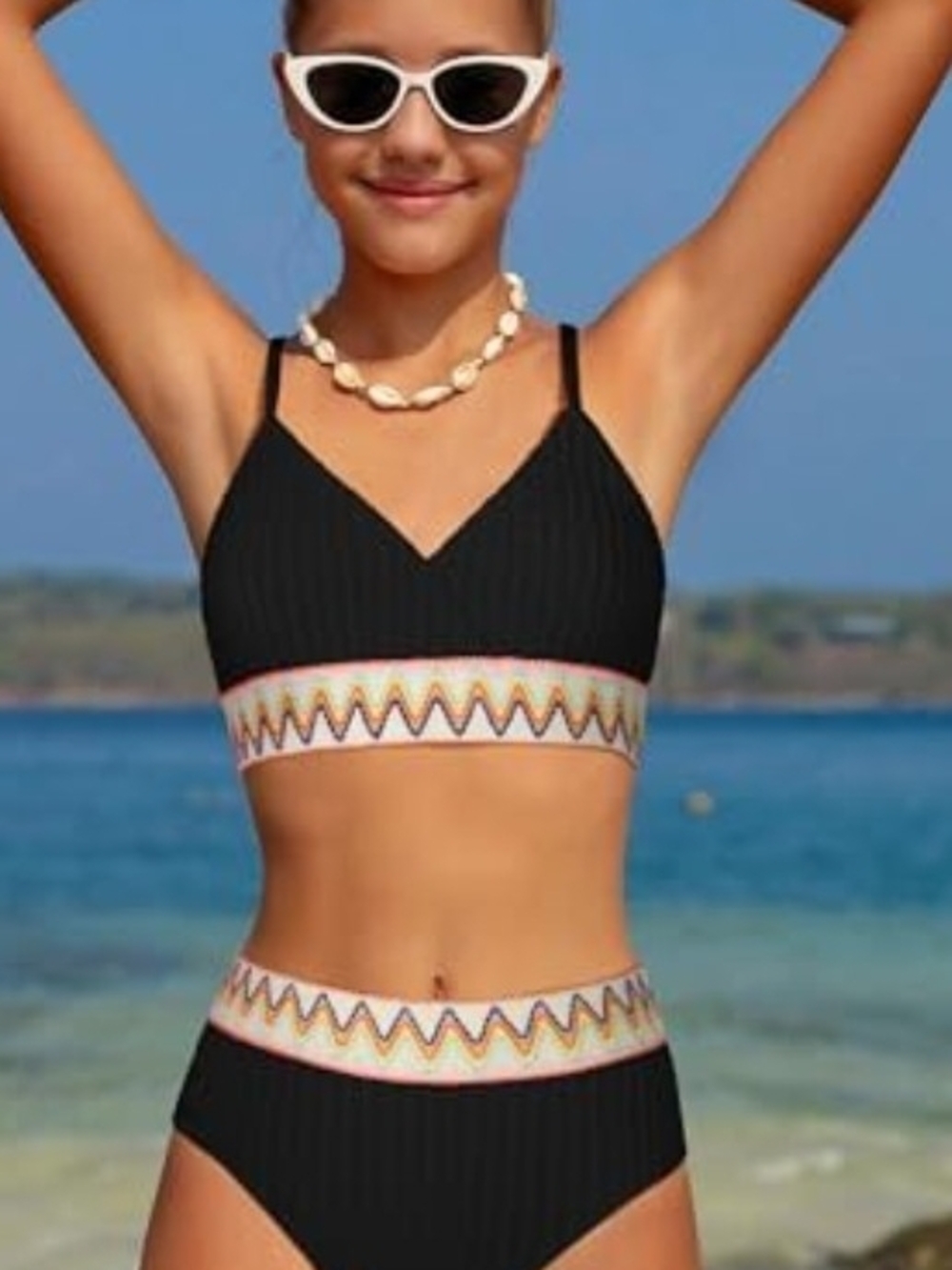 Ribbed Black Two-Piece Bikini Set with Chevron Trim